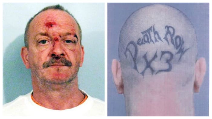 Kuva poliisin pidätyksessä ollessaan sarjamurhaaja William Clyde Gibson sai tatuoinnin selkäänsä, jossa lukee