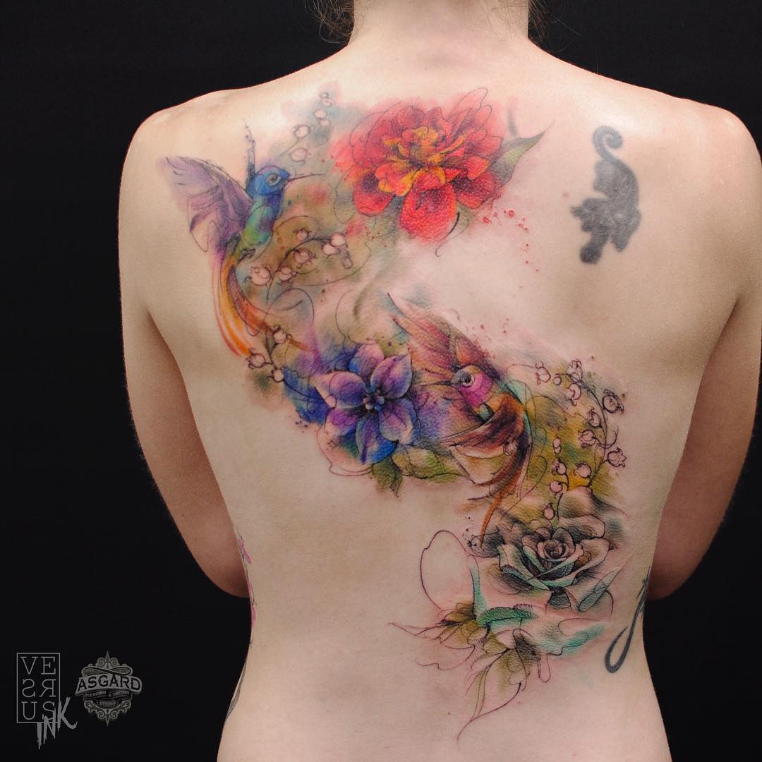 kaunis-vesiväri-kukka-ja-lintu-tatuointi-95