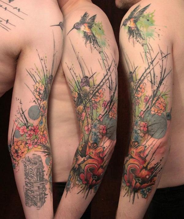 Kolibri og blomst akvarel stil tatovering