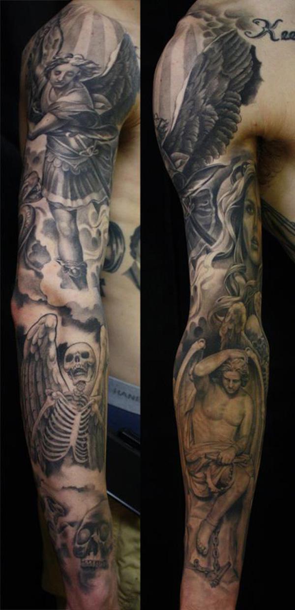 Vinkel og skelet tatovering på fuld ærme til mænd