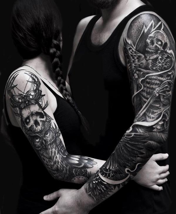 Sortarbejde matchende tatovering på arme til elskere