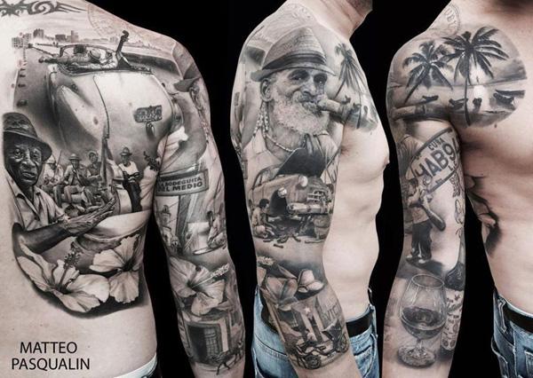Sort og grå ærmet tatovering med filmiske scener til mænd