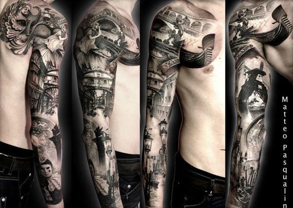 Sort og grå ærmet tatovering med mystiske scener til mænd