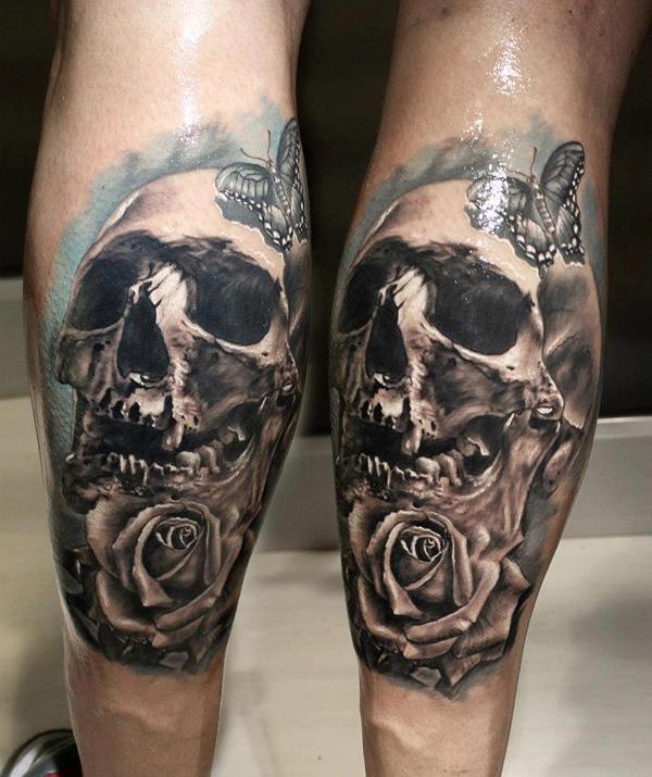 Skull Matching Tattoo med sommerfugl og rose