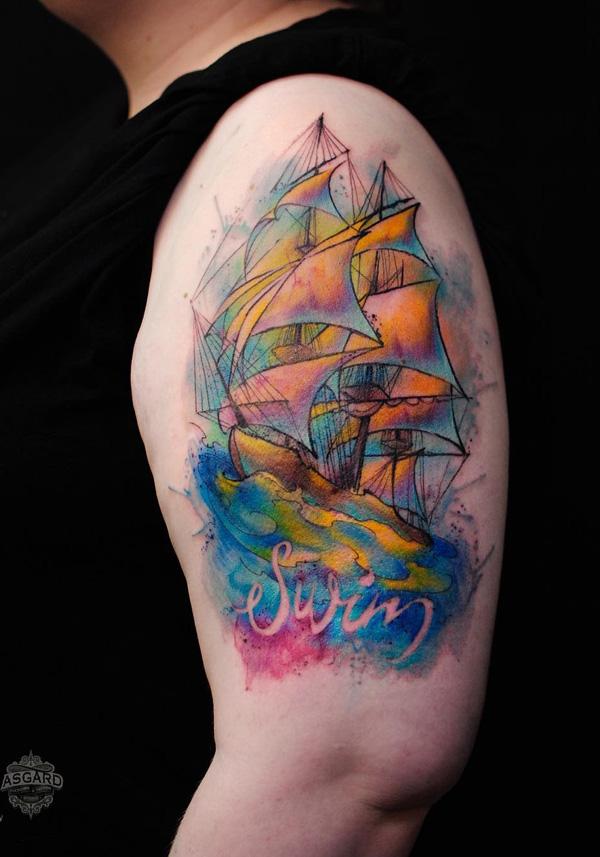 Ακουαρέλα βάρκα μισό μανίκι τατουάζ-48