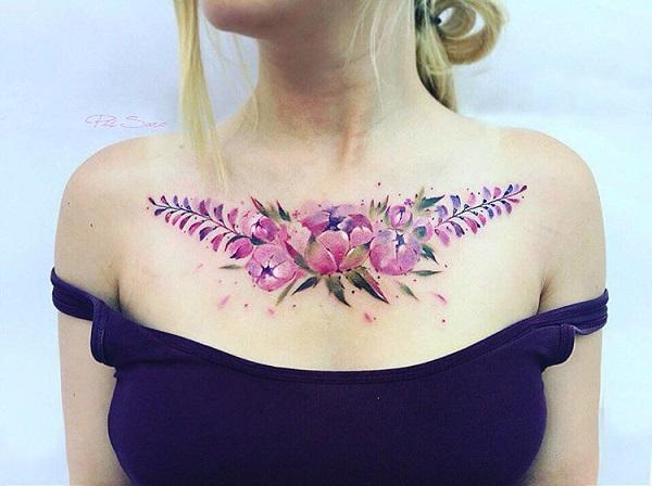 2 Floral σύνθεση με wisteria και παιώνια τατουάζ στο στήθος