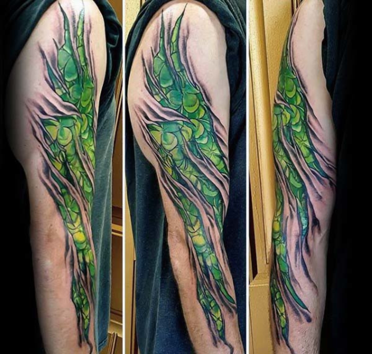 revet-hud-herrer-fuld-arm-irsk-grøn-fire-blad-kløver-tatoveringer
