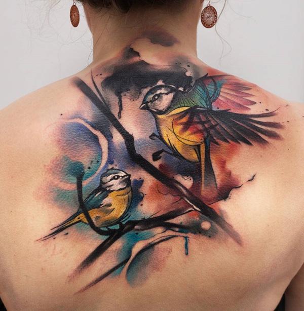 Akvarel Blåmejse i Flight fugle tilbage tatovering til mænd