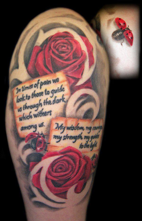 ruusut ja leppäkertut tatuointi