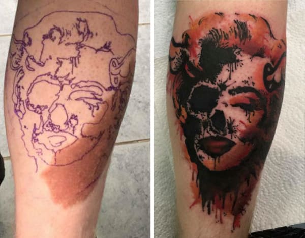 Tämän tatuoinnin takana oleva tatuoija käytti syntymämerkkiä luomalla varjostusta ja ulottuvuutta tähän Marilyn Monroen tatuointiin.