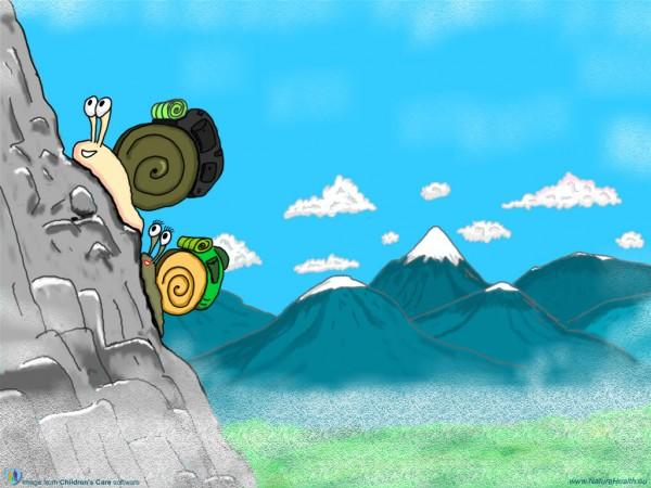 Δύο σαλιγκάρια κινουμένων σχεδίων που σκαρφαλώνουν σε ένα βουνό