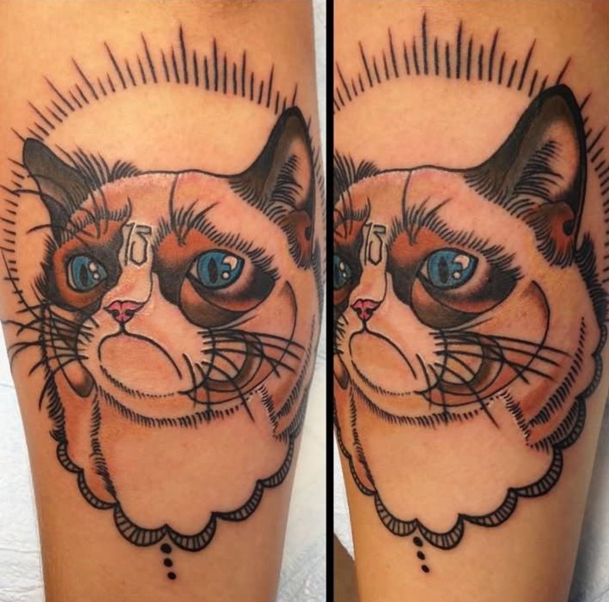 Fantastisk-farve-blæk-grumpy-kat-hoved-tatovering