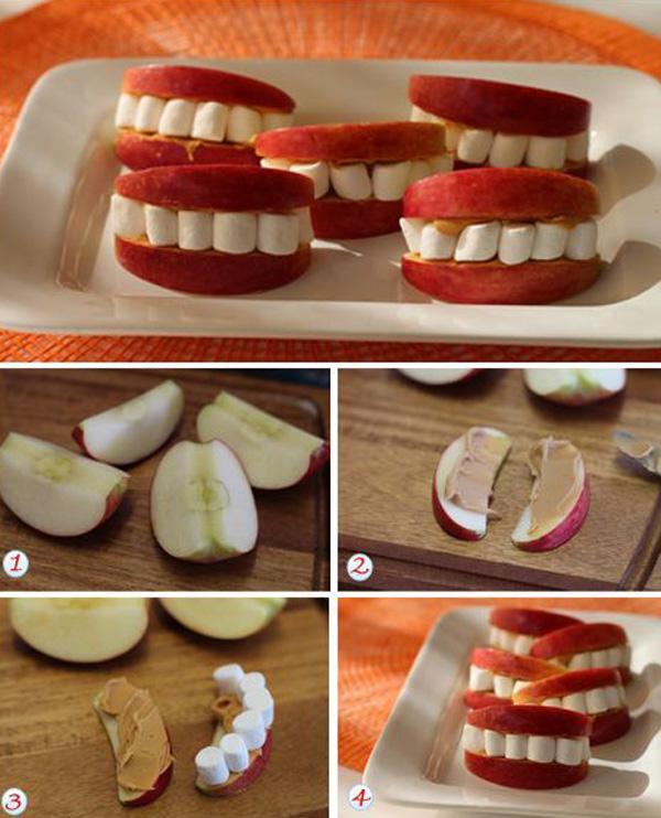Halloween -hampaiden resepti - Helppoja reseptejä - omenoita, maapähkinävoita, vaahtokarkkeja + tyhmyyttä