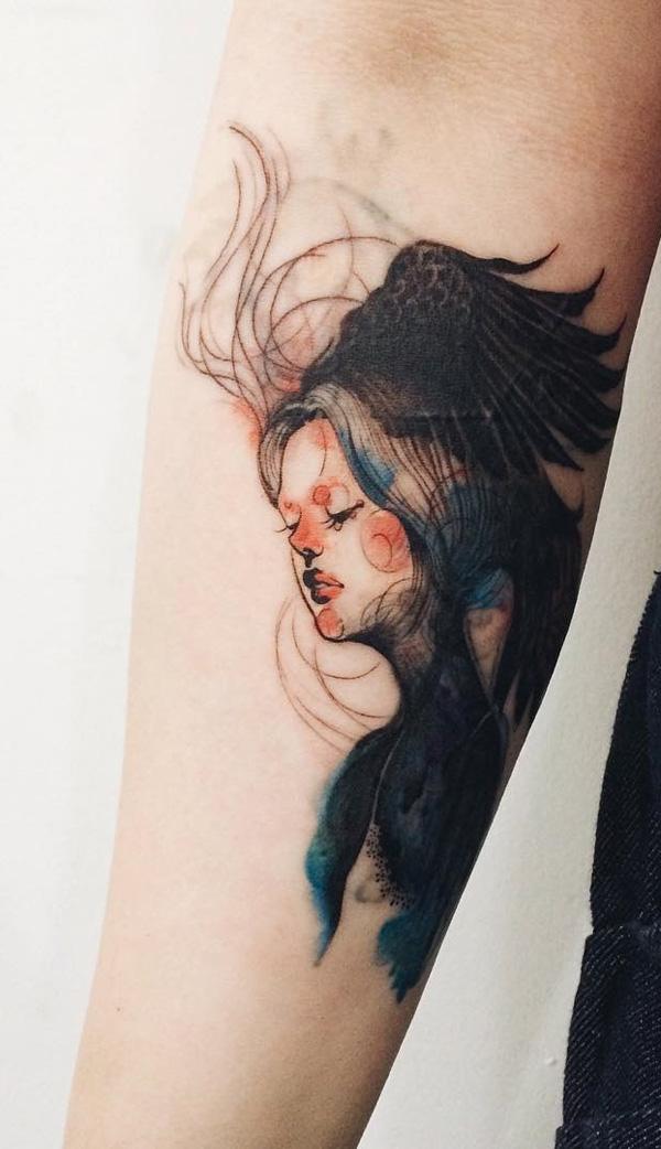 kuvitus tyyli tyttö pottrait hiha tatuointi