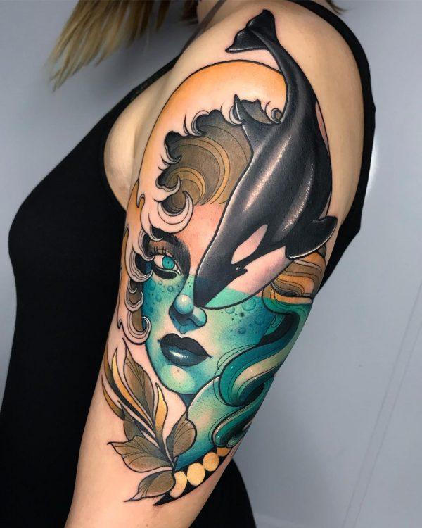 Τατουάζ μανίκι δελφινιών ωκεανού