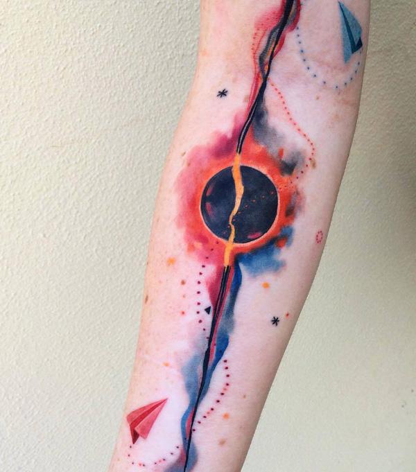 akvarel space sleeve tatovering