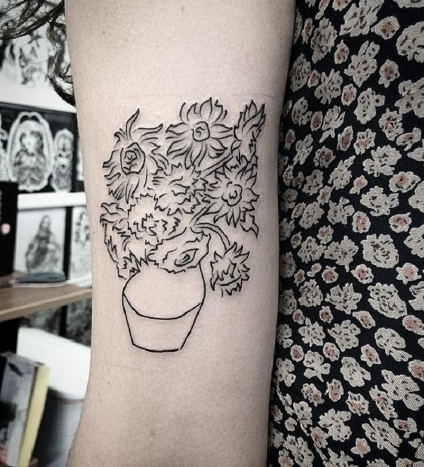 vincent van gogh τατουάζ Sketched Vase of Sunflowers Tattoo