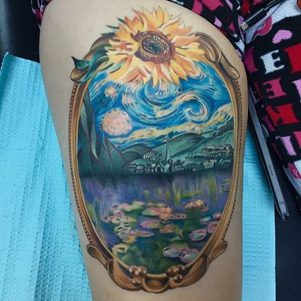 vincent van gogh τατουάζ Sunflower Mirror Reflecting Starry Night Tattoo