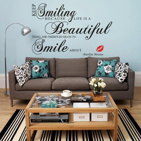 Bliv ved med at smile, fordi livet er en smuk ting ...-Marilyn Monroe Vinyl Home Room Decor Flytbar DIY Art WallPaper Wall Sticker