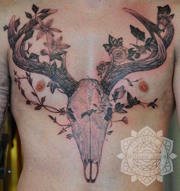 Stag Skull and Tree Antler Tattoo