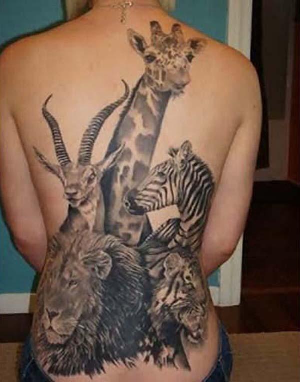 Giraf, hjorte, zebra, løve og tiger tatovering