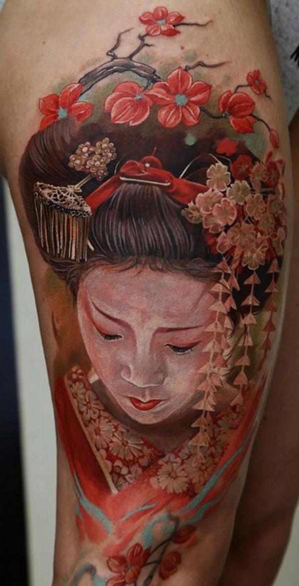 Πολύχρωμο ρεαλιστικό τατουάζ Geisha