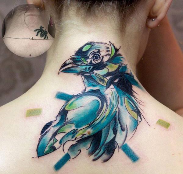 Akvarel fugl dækker tatovering