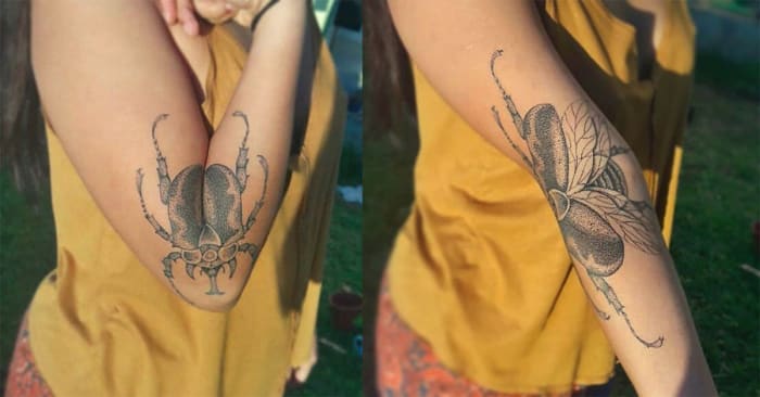 Tatuointi @menancetattoo Kasvava trendi taiteilijoiden keskuudessa on luoda malli, jossa on kaksi erillistä persoonallisuutta - toinen, joka on olemassa, kun käsi/jalka on taivutettu ja toinen, kun se on ojennettu suoraan ulos.