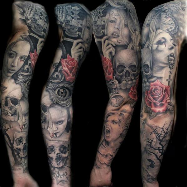 πλήρες τατουάζ με μανίκια με νύφη, κρανίο και τρομακτικά πρόσωπα