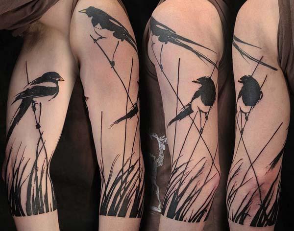 Τατουάζ πλήρους μανικιού πουλιών σιλουέτα