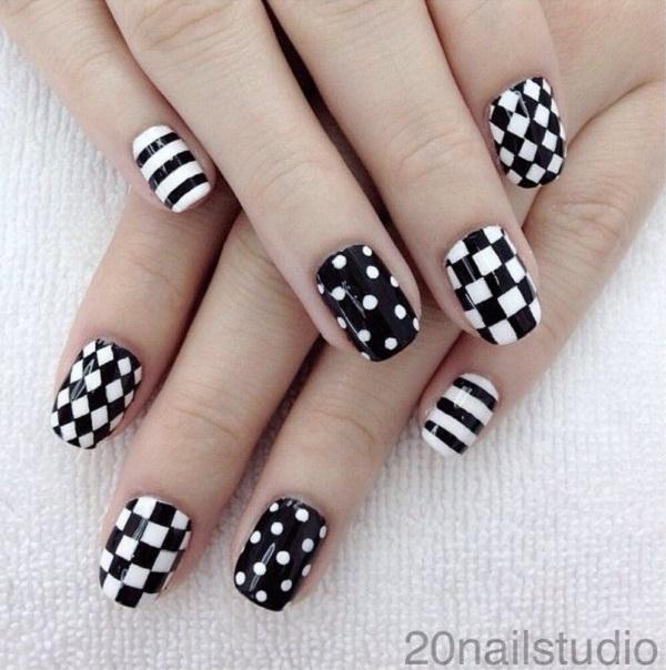 sorte og hvide polka dots plaid striber negle