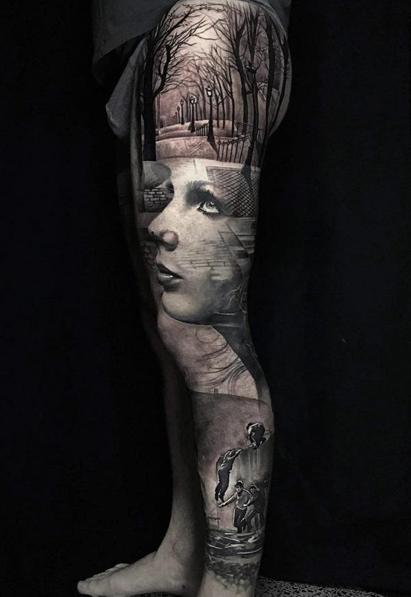 Mustavalkoinen surrealistinen täysjalkainen tatuointi
