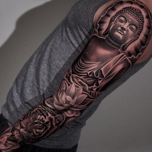 Buddha ja tiikeri täyshihainen tatuointi miehelle-9
