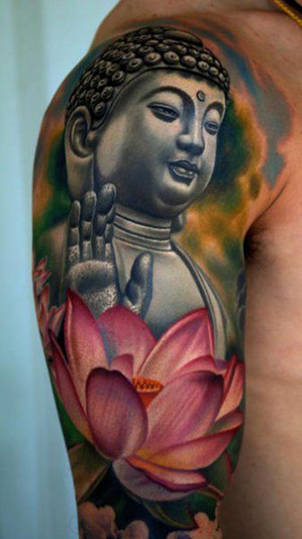Τρισδιάστατο τατουάζ Βούδας και λούτας με μισό μανίκι