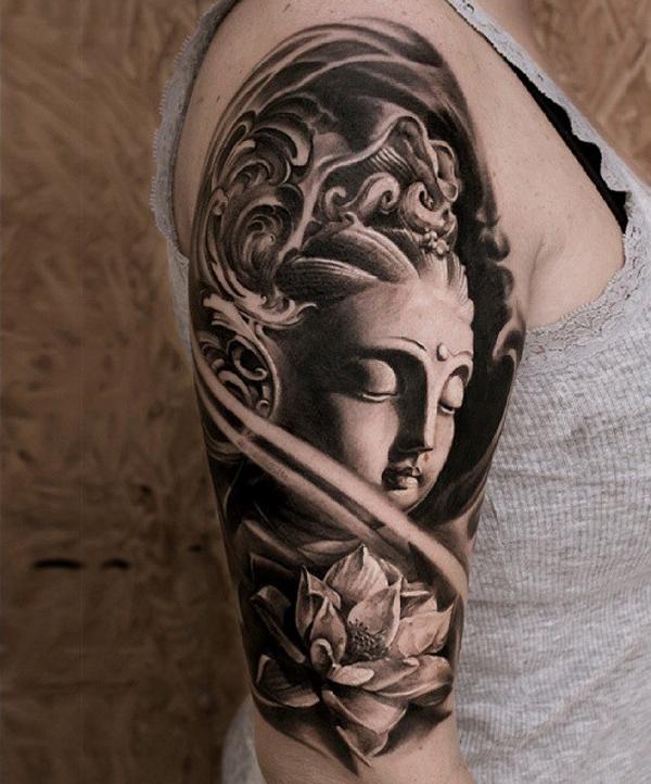 Τρισδιάστατο τατουάζ του Βούδα και τα λουλούδια-16