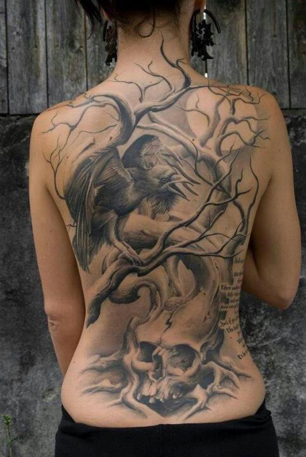 Ravn og træ tatovering med fuld ryg -28