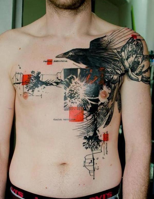Αφηρημένο τατουάζ με τετράγωνα και κοράκι