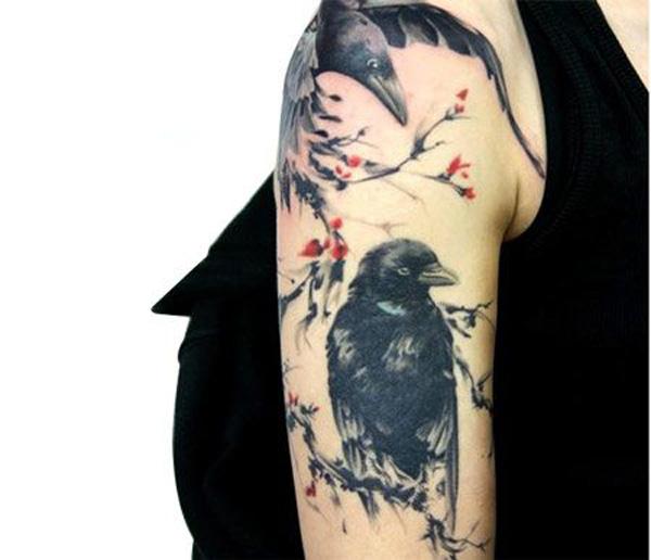 Κινεζικό μελάνι ζωγραφική στυλ κοράκι και δαμάσκηνο λουλούδι τατουάζ-25