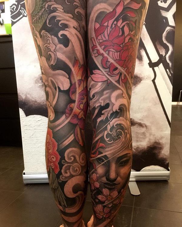 Indviklet ben tatovering med kvinde bølge og drage