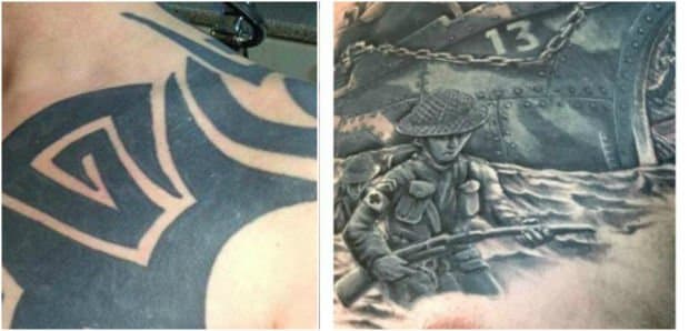 (Foto: The Tattoo Studio Bristol/Facebook) Wayne O'Toole havde en frygtelig sort stammetatovering på skulderen og brystet, som han ville have tildækket, og tatovør, Ben Boston, fra Tattoo Studio Bristol i Bristol, England, tog på sig udfordring med at omdanne de tykke linjer af O'Tooles forældede blæk til et massivt mindesmærke for at ære de faldne britiske soldater fra 1. og 2. verdenskrig.