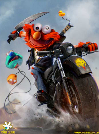 Elmo ilmeisellä iloajelulla. Huomaa pyörään kiinnitetyt lentävät päät ja ylimääräinen veri hänen T-paidassaan ja veitsessään. #BadToTheBone