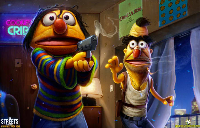 Näyttää siltä, ​​että Bert ja Ernie olivat erehtyneet ampumalla tulta Cookie's Cribin ulkopuolella. Mutta hei, tämä on jonkinlainen näkemys. (Huomaa myös evästeen oven nuppi.)