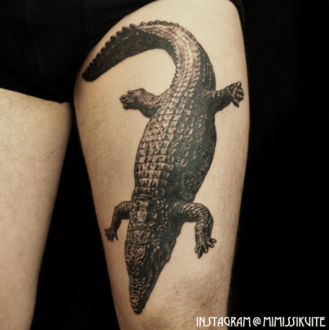 Tämä krokotiili näyttää voimakkaalta. Tatuoinnit: Mimi, Mimissiku