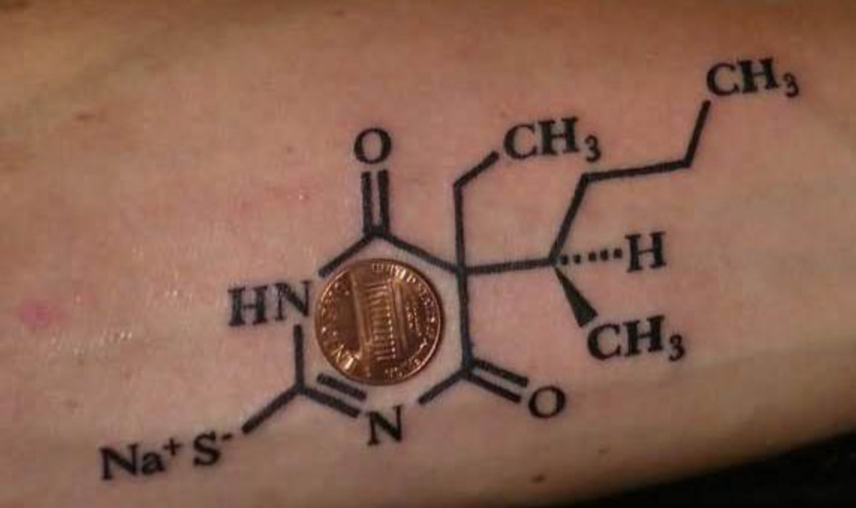 Et molekyle af koffein i tatoveringsform.