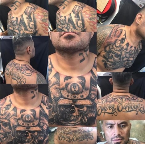 En collage af Mark Hunts tatoveringer på brystet og ryggen. Foto: Mark Hunt/Instagram