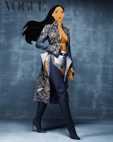 Pocahontas asRihanna iført seriøse denimstøvler af Manolo Blahnik til britiske Vogue april 2016.
