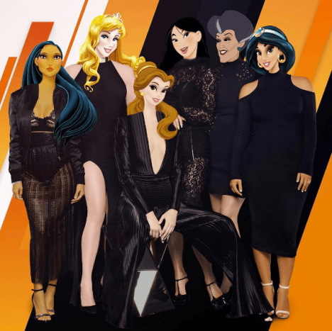 Holder op med Kardashiansne fra venstre: Pocahontas som Kourtney, Aurora som Khloe, Belle som Kendall, Mulan som Kylie, Lady Tremaine som Kris og Jasmine som Kim.
