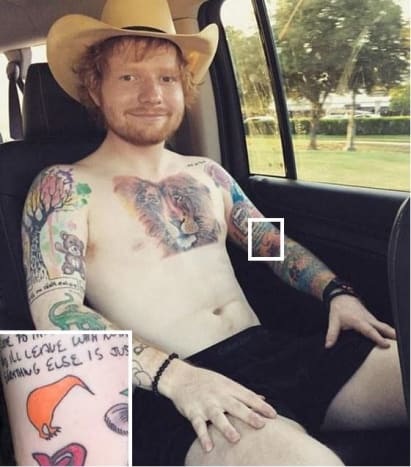 Foto: Instagram. Mange af Sheerans tatoveringer var inspireret af hans musikkarriere, og som en permanent påmindelse om sin turné i 2013 i New Zealand fik sangerinden en lysorange tatovering på armen af ​​en kiwifugl, landets emblem.
