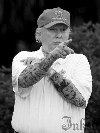 Donald Trump salaa Donald on valtava meksikolaistyylisten tatuointien fani (katso kaunis Chola). Hänellä oli jo käsivarteen menneiden vaimojen nimet, joten hän lisäsi Melanian. Suuri roiske tuli muodossa tatuointi valtavasti hänen rystysiinsä.