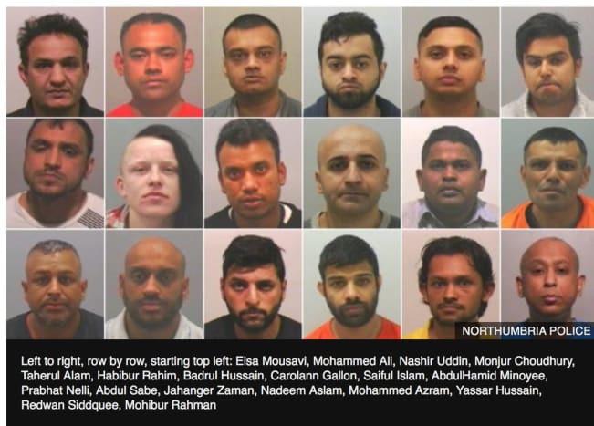 Kuva 17 Northumbrian kautta Nämä 17 miestä ja yksi nainen tuomittiin raiskauksesta, huumeiden toimittamisesta ja salaliitosta prostituution yllyttämiseksi. Heidän uskotaan olevan osa suurta seksuaalisen hyväksikäytön syndikaattia.